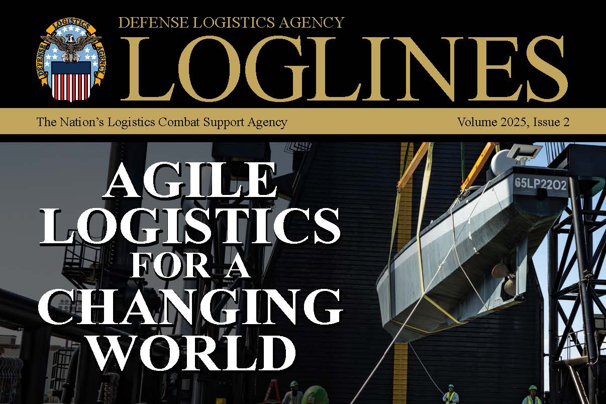 The top half of the cover of Loglines Magazine features a ship lifted for maintenance